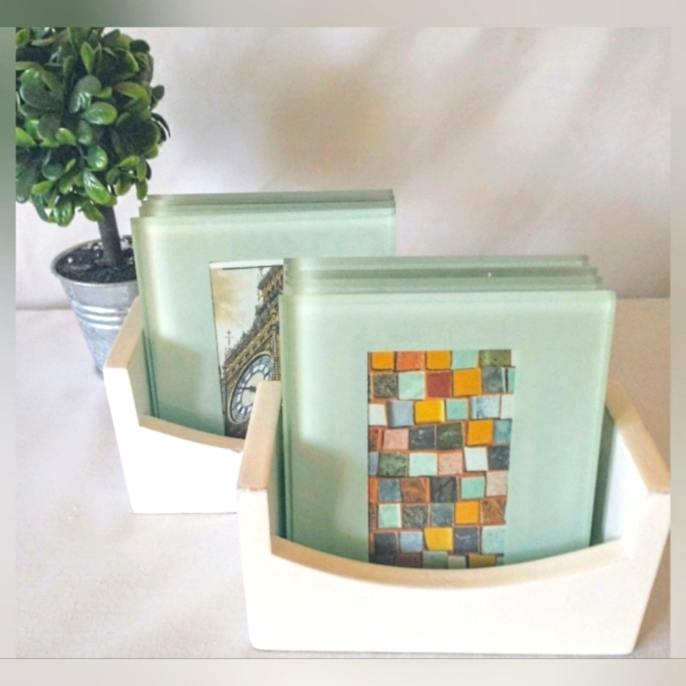 Glass Photo Coasters w/ Wooden Box - 2 Sets of 4 Coasters Each